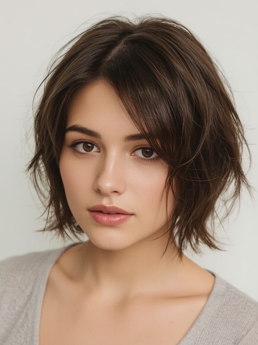 Angled Bob Haircut with Side Swept Bangs