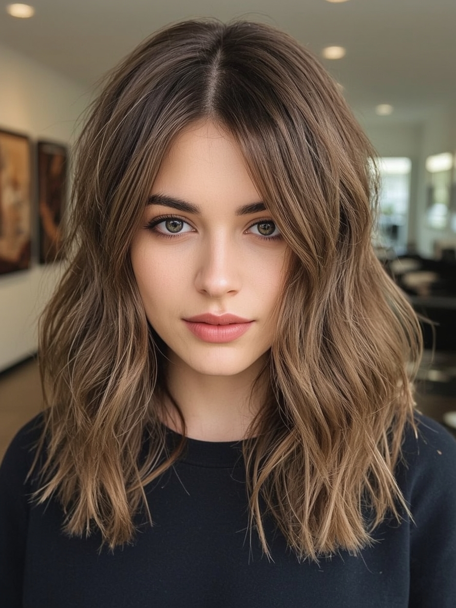 Butterfly Haircut Long Hair For Round Face Long Waves with Side Swept Bangs