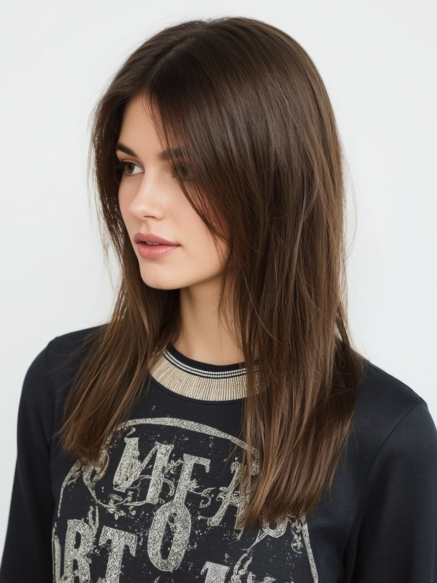 Butterfly Haircut Long Hair For Round Face Sleek and Straight Strands with Side Bang