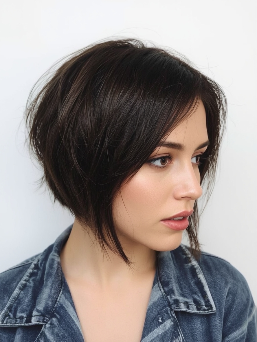 Funky Short Hair Angled Bob with Deep Side Part