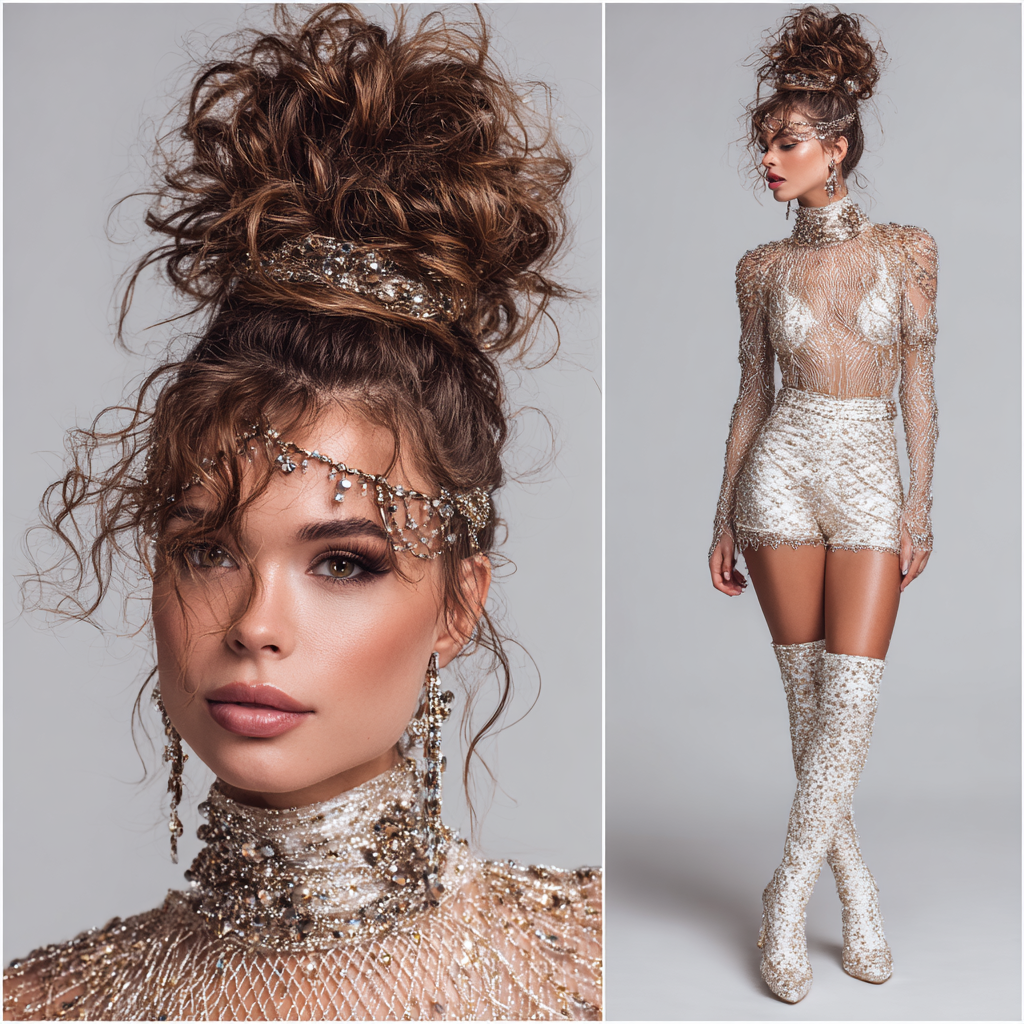 Glam Hair High Messy Bun with Sparkly Accessories