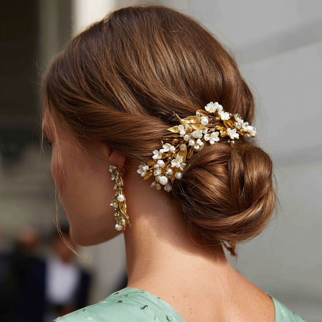 Graduation Hairstyles Low Bun with Floral Accessories