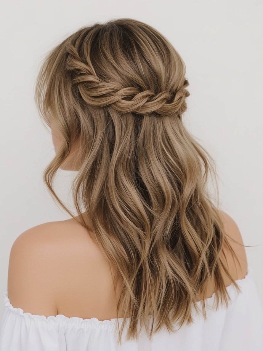 Guest Hair Half Up Crown Braid with Beach Waves