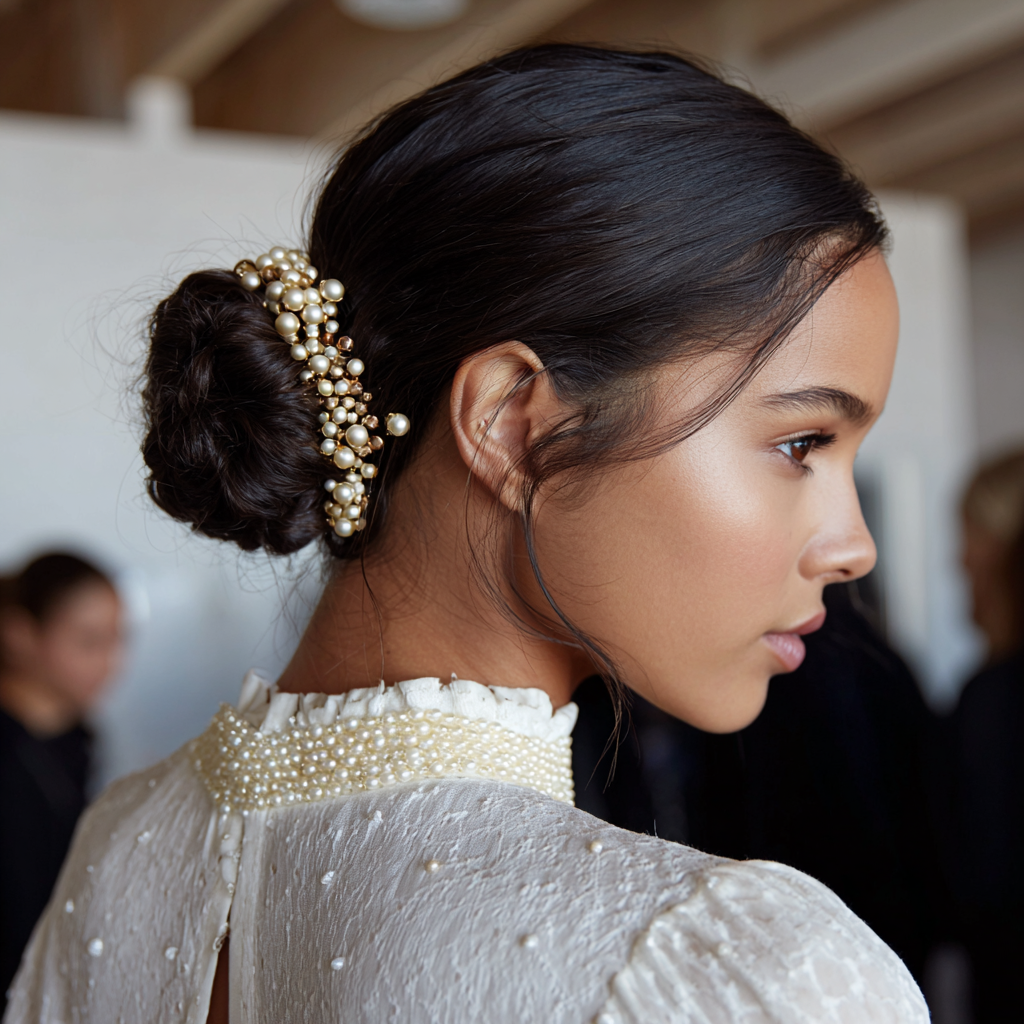 Hot Hair Styles Low Bun with Pearl Accents
