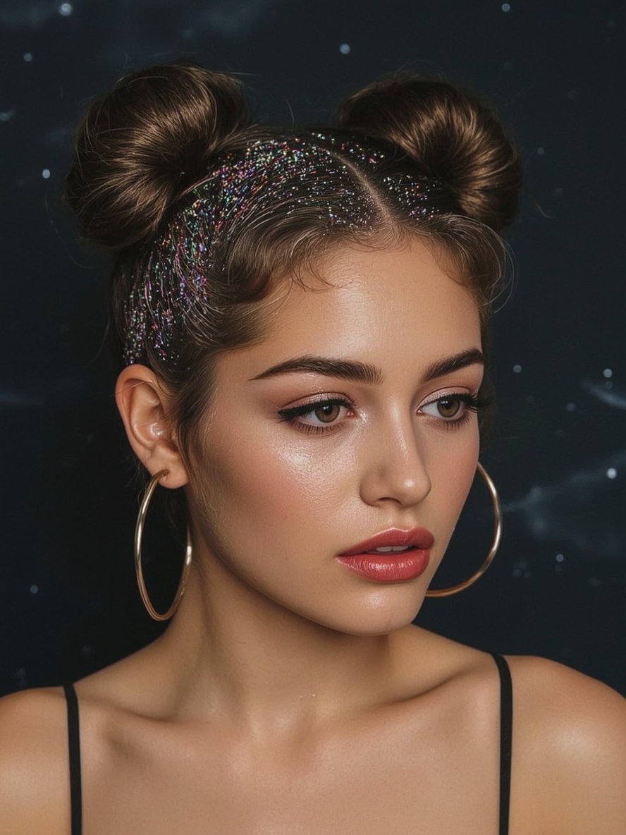 Hot Hair Styles Space Buns with Glitter Roots