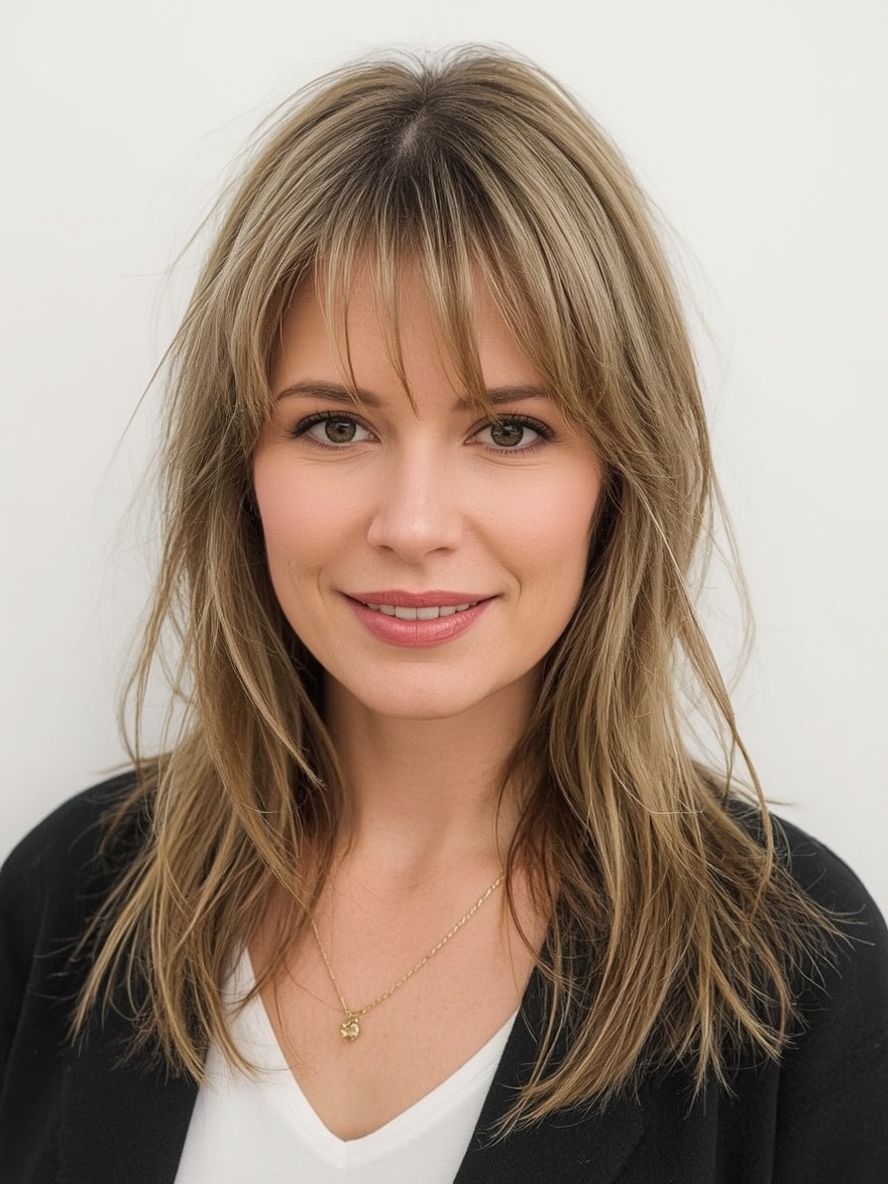 Long Hair Older Women Layered Cut With Curtain Bangs