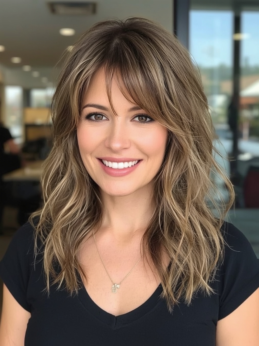 Long Hair Older Women Layered Medium Length with Bangs