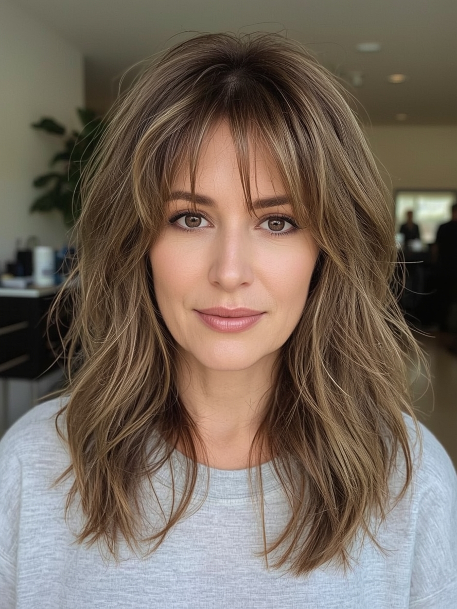 Long Hair Older Women Long Angled Layers with Side Bangs