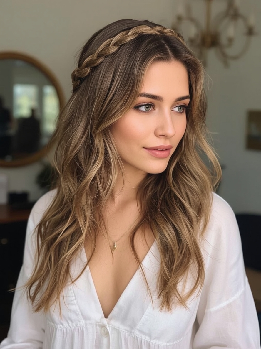 Long Haircut Ideas Braided Crown with Loose Waves
