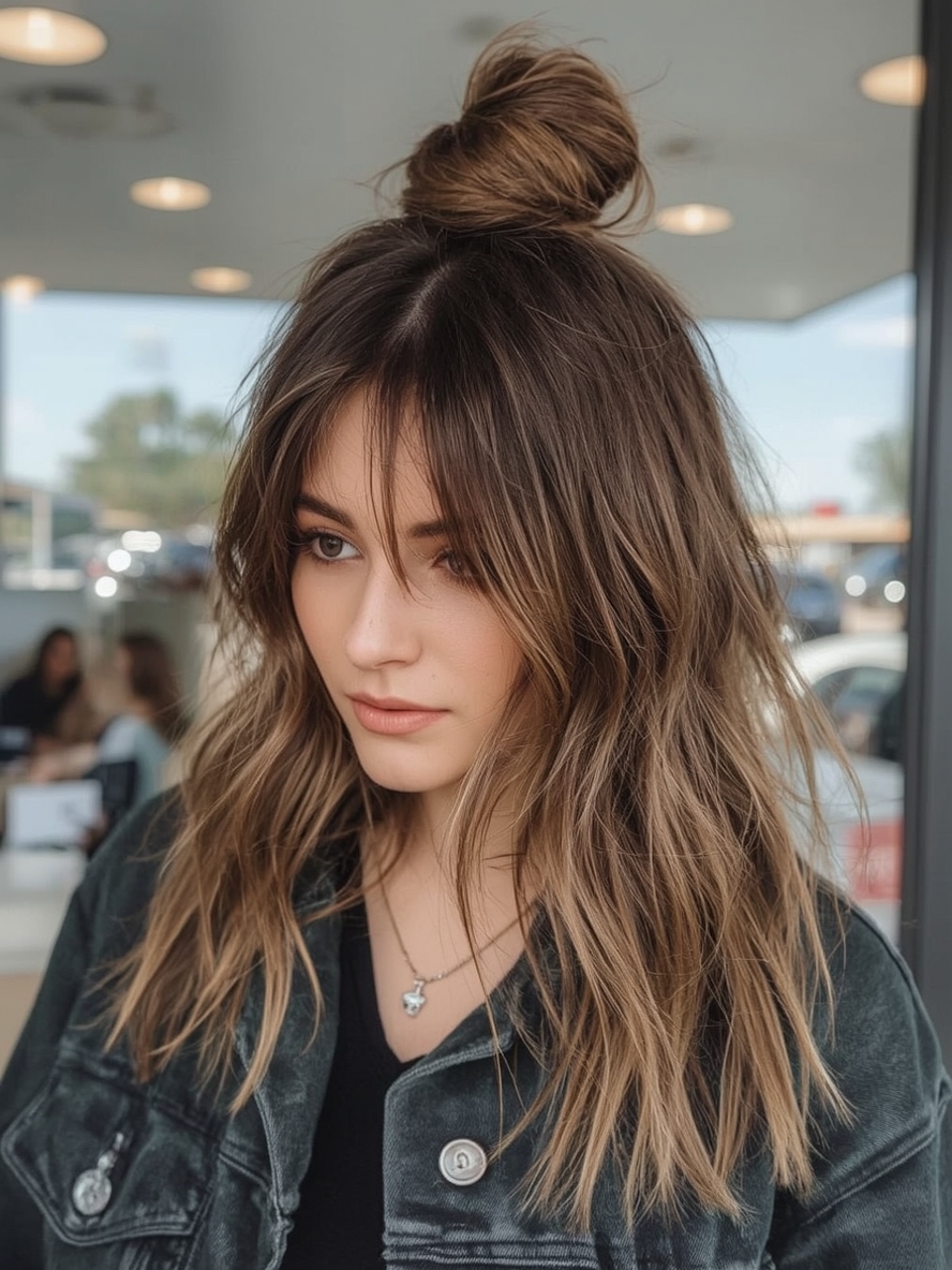 Long Haircut Ideas Half Up Top Knot