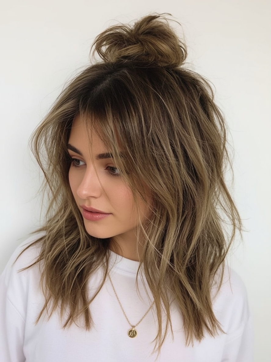 Long Haircut Ideas Textured Layers with Messy Bun