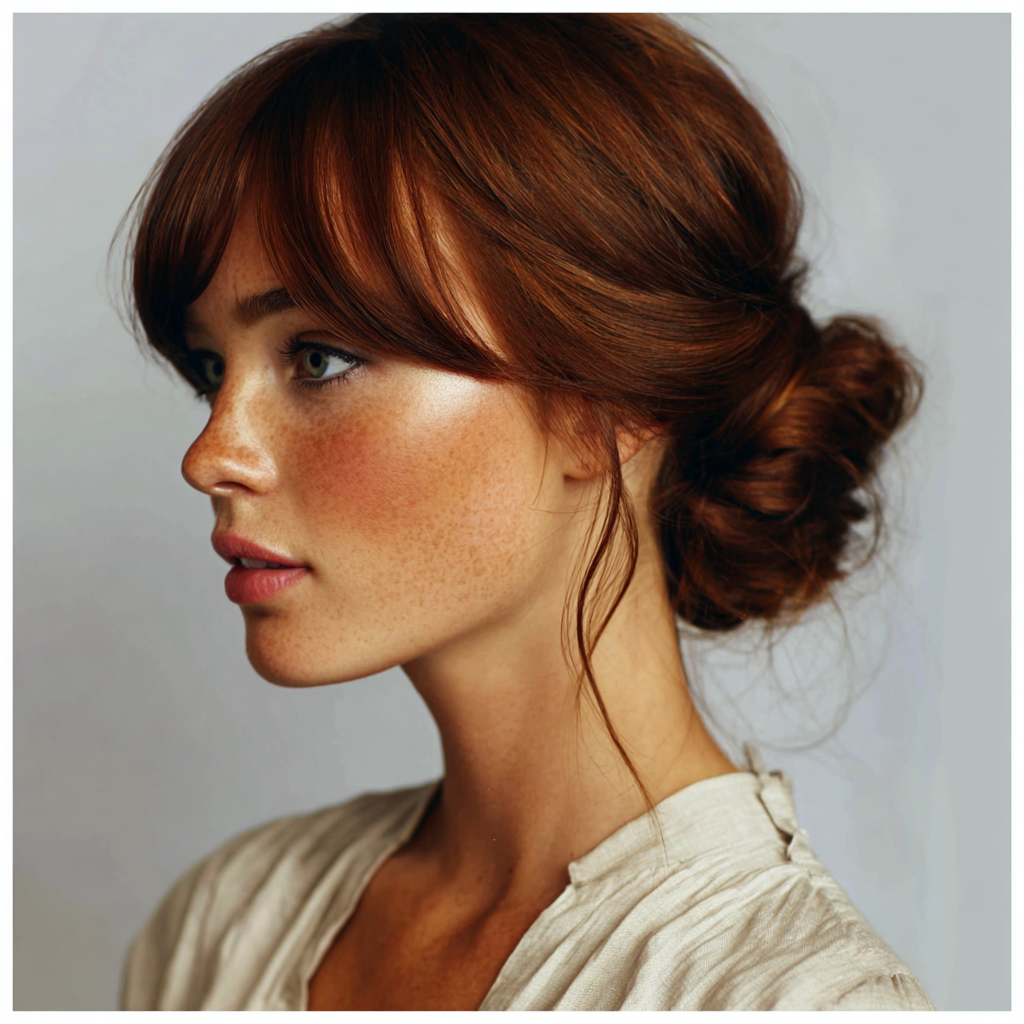 Summer Hairstyles Side Swept Bangs with Low Bun